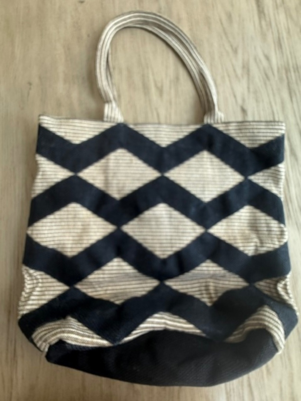 Stella & Dot Navy Chevron Jute Canvas Tote Bag Beach Carryall